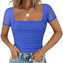 Chunpin Women's Bodysuits Square Neck Long Sleeve Bodysuits Mesh Ruched Thong Body Suit Outfits Going Out Tops, XL