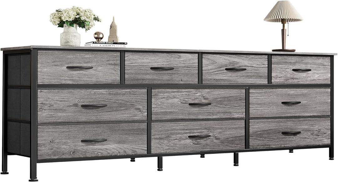 Huuger 63 Inch Dresser for Bedroom, Long Dresser with 10 Fabric Drawers, TV Stand for 55, 65, 70 Inch TV, Toy Storage Organizer for Closet, Grey