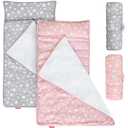 Toddler Nap Mat 2 Pack, Nap Mat for Kids Preschool, Daycare and Fleece Minky Blanket, Lightweight, Soft, Gray and Pink (21" x 50")
