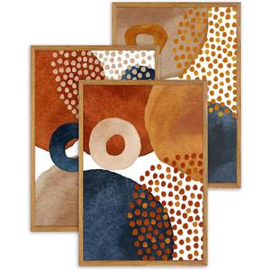 UPWOIGH Large Framed Canvas Wall Art, Set of 3 Watercolor Decor in Navy Blue, Terracotta, Burnt Orange, Beige, 16x24in Minimalist Natural Cotton Posters, Boho Modern Aesthetic for Living Room, Bedroom