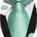 Dubulle Mens Paisley Striped Tie WOVEN Necktie for Men and Handkerchief Cufflinks Set Wedding Formal Business (B Mint Green)