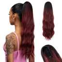 Long Drawstring Ponytail Hair Extension Body Wave 22 Inch Synthetic Fake Layered Pony Tail Hairpieces for Women Burgundy with Black Root
