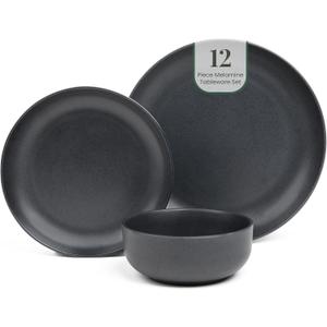 Larder & Vine 12-Piece Melamine Dinnerware Set: Durable, Lightweight, Break-Resistant Plates & Bowls Stylish, Non-Toxic, Dishwasher Safe Ideal for Everyday Use, Indoor & Outdoor Dining Black