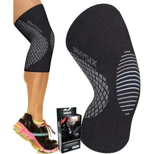 Physix Gear Knee Compression Sleeve for Men & Women - Best Compression Knee Brace for Walking, Running, Gym, Basketball, Weightlifting,Workout, Sports - Knee sleeves Support Compression & Stability (Black/Grey)