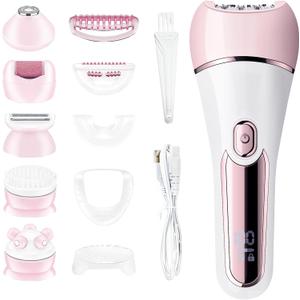 Epilator for Women, 6 in 1 Hair Removal Epilator, Shaver, Face Razor, Facial Brush, Face Massage and Body Exfoliator,IPX7 Waterproof Rechargeable Hair Removal for Women (Pink)