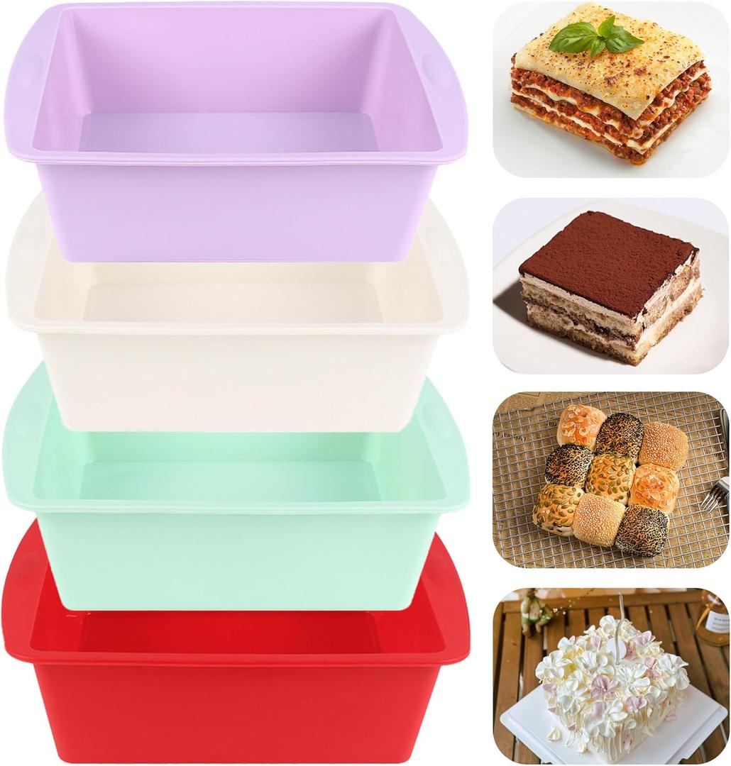 6 inch Square Cake Pans, Non-stick Silicone Baking Pan, Cake Molds for Brownies, Bread, Lasagna and Cake, 4 Pack for Oven, Microwave, Freezer and Dishwasher (Square-4 Colors)