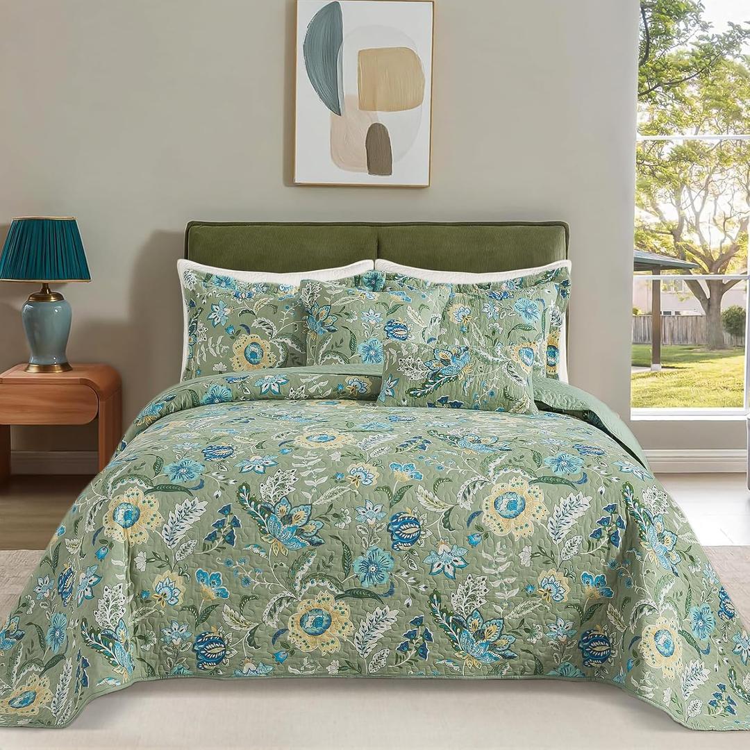 BEDIFANY Farmhouse Queen Quilt Bedding Set - Cotton Lightweight Bedspread with Floral Pattern, 90x98 Inch All Season Coverlet Set, 3 Piece (Quilt + 2 Pillow Shams)