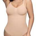 PUMIEY Shapewear Bodysuit for Women Tummy Control V-Neck Sculpting Thong Body Shaper Tank Top, Latte Thong, Small-Medium