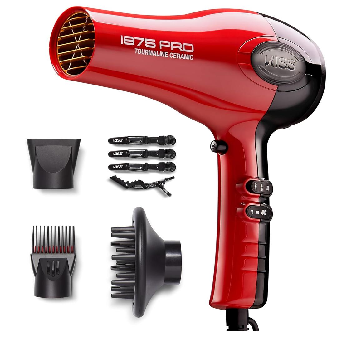 KISS 1875 Watt Pro Tourmaline Ceramic Hair Dryer, Styling Edition, 3 Heat Settings, 2 Speed Settings, Cool Shot Button, 7 Blow Dryer Accessories Included, Red