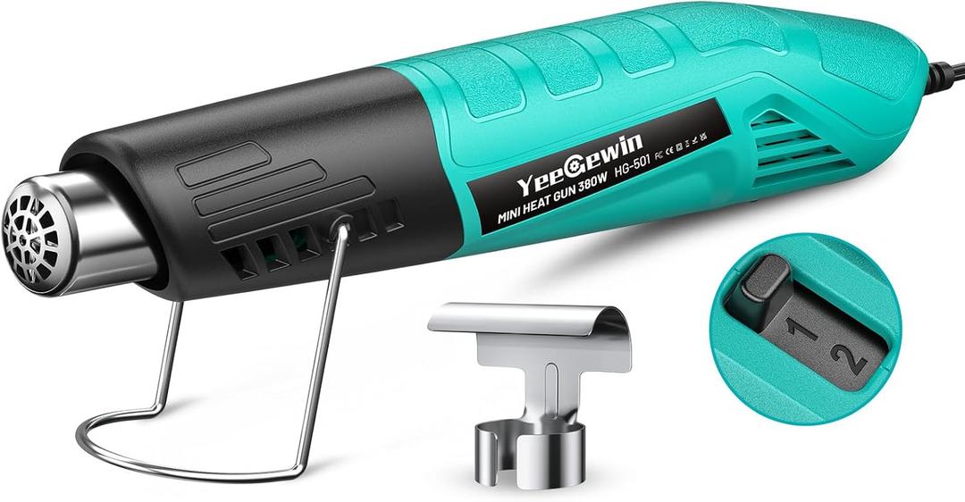 Heat Gun, 380W Fast Heat Mini Hot Air Gun with 2-Temp Settings 480F-850F(249C-455C) Overheat Protection Reflector Nozzle, 4.9Ft Long Cable for Shrink Wrap,Vinyl, Crafts, Epoxy Resin (Blue)