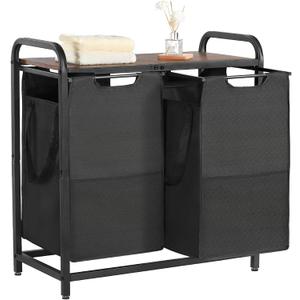 VEVOR 2 Section Laundry Sorter, Large Laundry Hamper with Metal Frame and Wooden Tabletop, Freestanding Storage Organizer Baskets with Pull-Out 600D Oxford Cloth Bags for Dirty Clothes, Bathroom