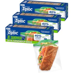 Ziploc XL Sandwich and Snack Bags with EasyGuide Texture, Plastic Storage Bags with Grip 'n Seal Technology, 90 Bags Total