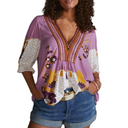 Women Y2k Floral Blouse Puff Sleeve Tops Ruffle Trim V Neck Boho Flower Patchwork Shirt Retro Going Out Top, Small