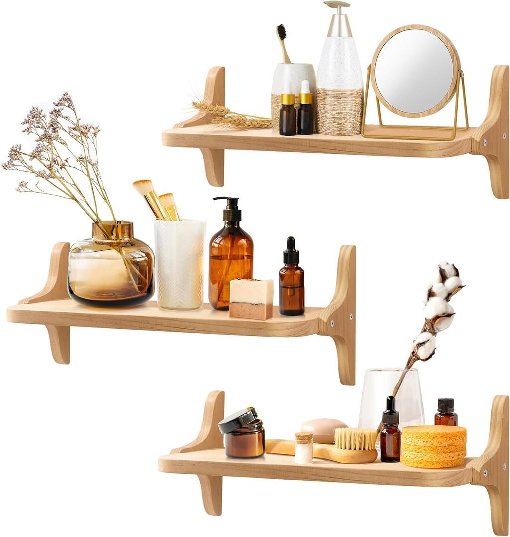 Wooden Floating Shelves for Wall, 15.7" W x 5" D x 0.6" H Large Wall Shelves, Hanging Storage Shelf with Sturdy Brackets for Living Room, Kitchen, Bathroom, Bedroom Decor, Natural, 3 Packs