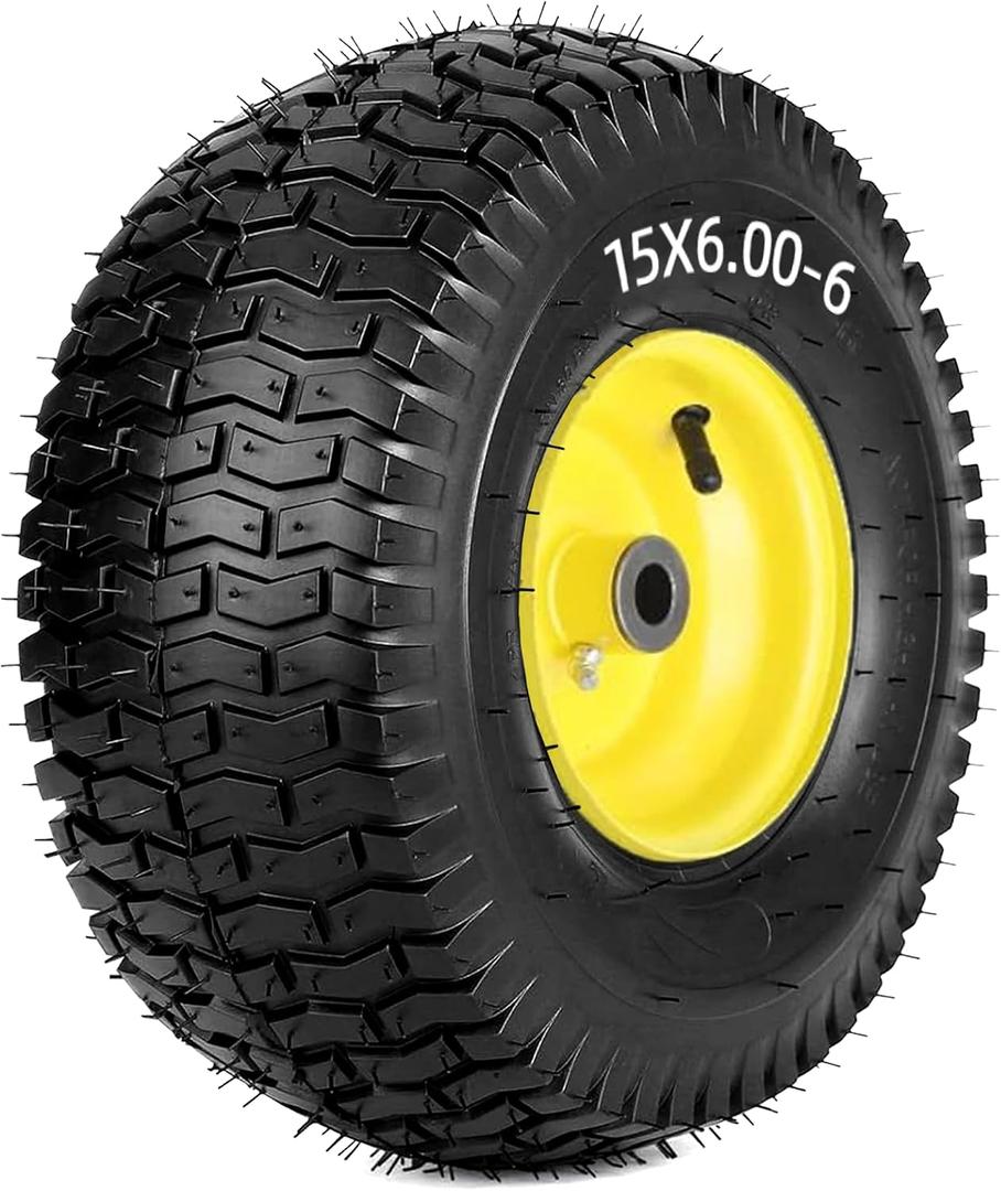 AR-PRO 15x6.00-6 Front Tire and Wheel Assembly Compatible with John Deere 100/D100 Series Riding Mower, 3" Offset Hub, 3/4" Bushings, 4-Ply Pneumatic (1 Pack)