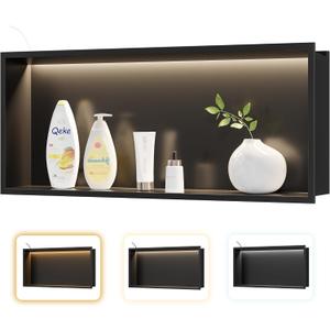 Qeke Stainless Steel Shower Niche 30" X 12", No Tile Needed Wall Niche with 3 Selectable Color Temperatures Led Light, Recessed Shower Shelf for Bathroom Storage Over Mount Installation, Matte Black