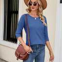 Kancystore Womens 3/4 Length Sleeve Tops Casual Loose Fit Tunic Shirts Crewneck Basic Tees (Blue, L)