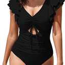 Sovoyontee Women's Ruffle One Piece Swimsuit Tummy Control Bathing Suits Drawstring Cutout V Neck Swimwear (Black, S)