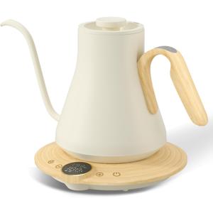 Cocinare Gooseneck Electric Kettle, 1F Precise Temperature Control, 1500W Fast Heating, Pour Over Coffee & Tea Kettle with Brew Timer & Keep Warm, Stainless Steel, 0.9L (White Maple)