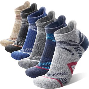 ANTSANG 6 Pairs Merino Wool Ankle Hiking Running Socks Compression Thick Cushion Breathable No Show Socks for Men Women (Large, Navy/Brown/Grey/Black/Blue/Light Grey)