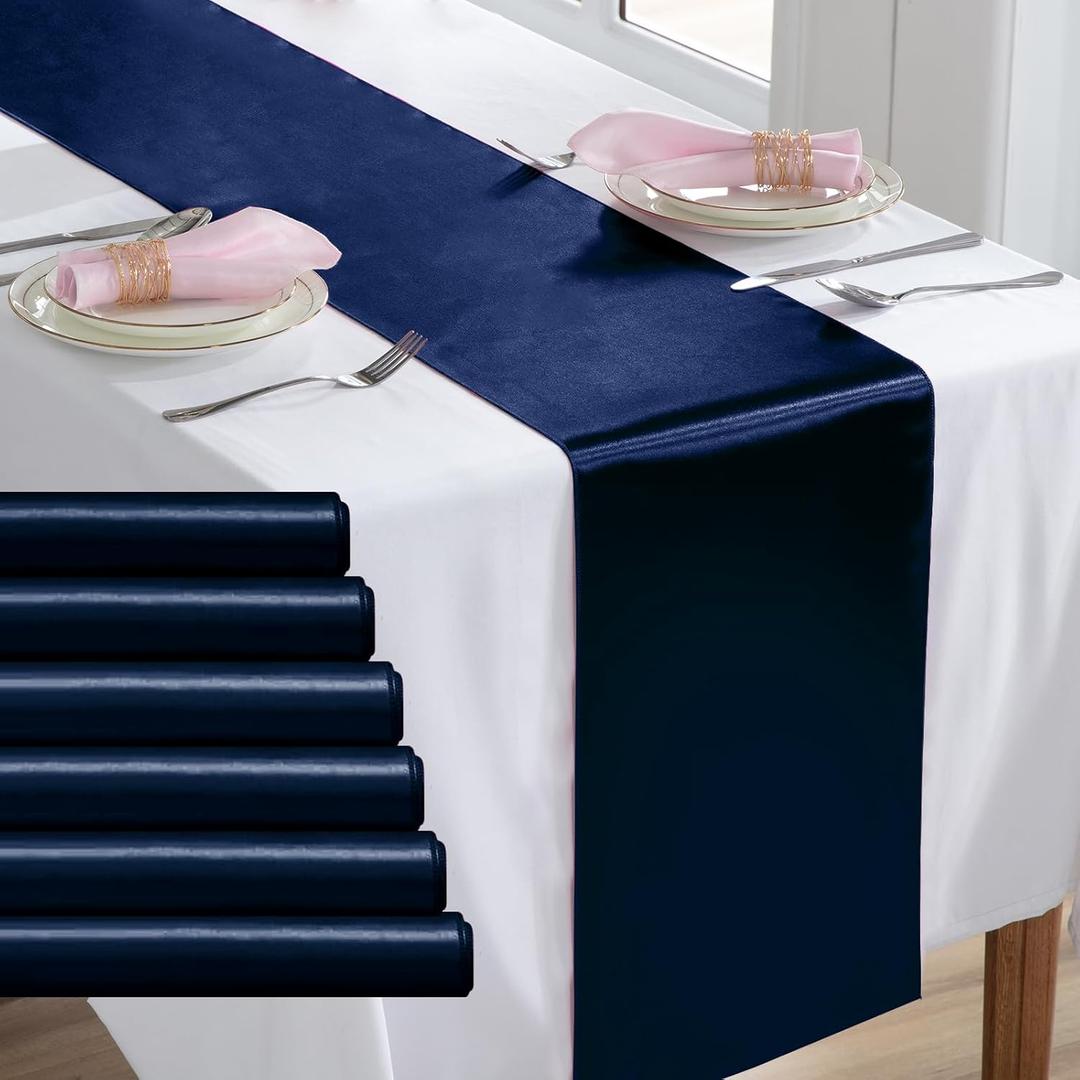 KKJIAF 6 Pack Navy Blue Table Runners 12 x 108 Inch, Rectangular Smooth Satin Silk Table Runner for Wedding, Banquet, Birthday Party Decoration (6Pack)