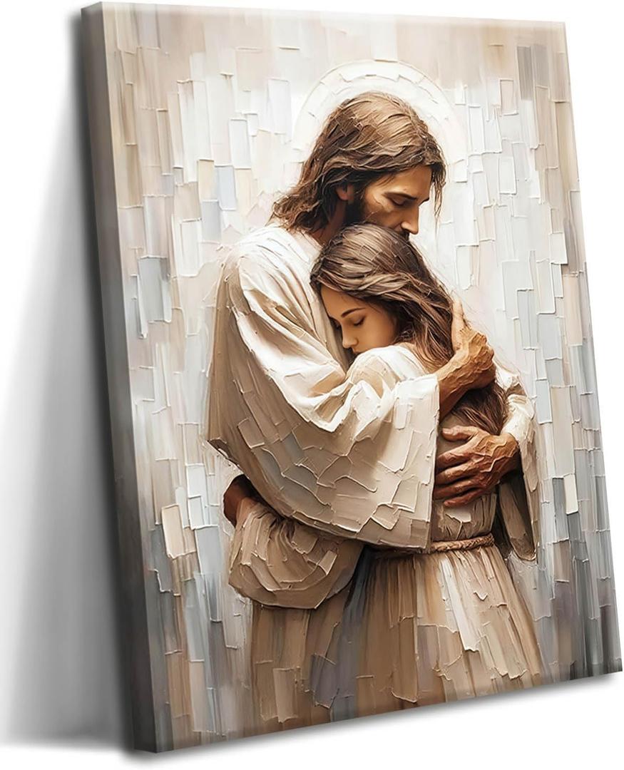 Jesus Wall Art Christian Decor for Prayer Room  Framed Jesus Embracing Woman Canvas Pictures Prints, Religious Wall Decor for Living Room, Bedroom  Church Christmas Gifts 12x16in
