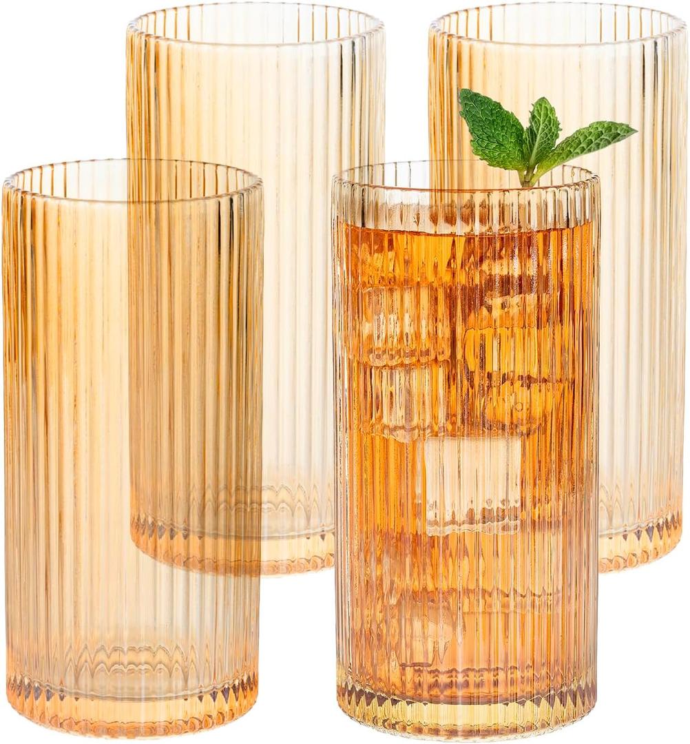 MyGift 12 oz Gold Tint Fluted Highball Drinking Glasses, Ribbed Textured Glass 6 Inch Tall Tumblers for Cocktail Beverage, Iced Coffee or Tea, Water Drink Cup, Glassware Set of 4