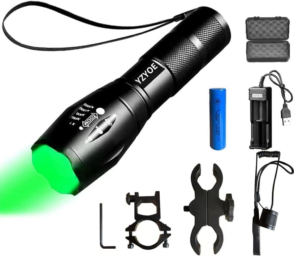 Rechargeable Green Light Tactical Flashlight500 Yard Green Light Zoomable Flashlight Observation Lights with Pressure Switch Universal Picatinny Rail Mount kit.