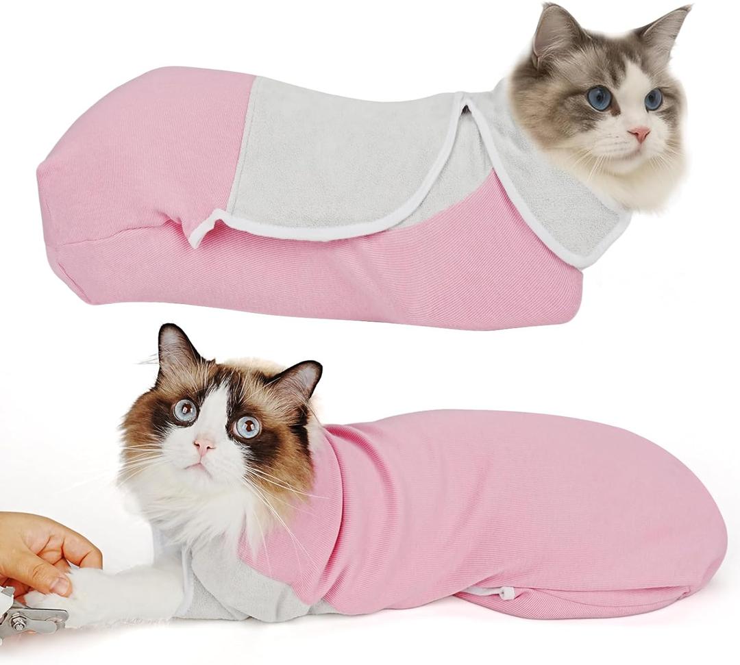 Self-Adhesive Cat Grooming Wrap, Cozy Cat Wrap for Cutting Nails, Breathable Anti-Scratch Cat Swaddle Bag for Brushing, Ear Cleaning, Dental Care, Medication, Injections, Pink L