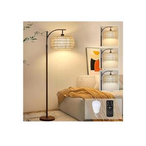Arc Floor Lamps for Living Room Rattan Boho Floor Lamp with Remote Control,Dimmable LED Floor Lamp Wicker Lamp Shades Black Standing Lamp with 3 Color Temperature Tall Floor Lamps For Bedroom Corner