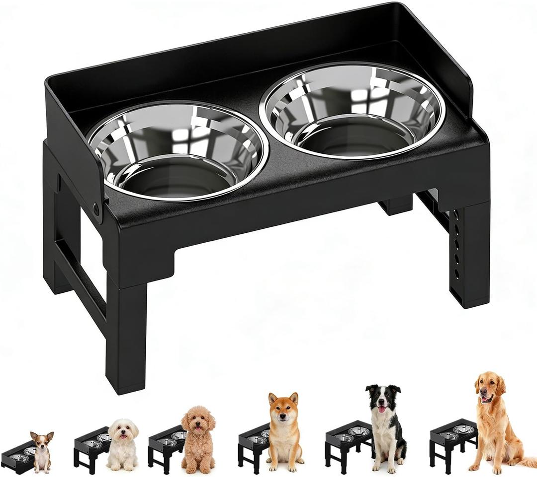 PAKEWAY Elevated Dog Bowls, Spill Proof, Tiltable Dog Feeder with 2 Stainless Steel Bowls, 6 Height Adjustable Raised Bowl (Black)