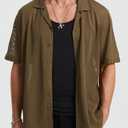 HISDERN Mens Sheer Shirts Brown Short Sleeve Casual See Through Lace Shirt Collared Fishnet Beach Mesh Shirt Men's Summer Button Down Sexy Top (L)