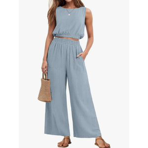 GRECERELLE Two Piece Sets for Women Sleeveless Crop Top Wide Leg Pants Sweat Set for Women Tracksuits 2026 Summer, Large