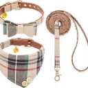 EXPAWLORER Dog Collar and Leash Set - Classic Plaid Dog Bow Tie and Dog Bandana Collar with Bell, Dog Leash Tangle Free, Adjustable Collars for Small Medium Large Dogs Cats, Holiday Ideal Gift (Cream)