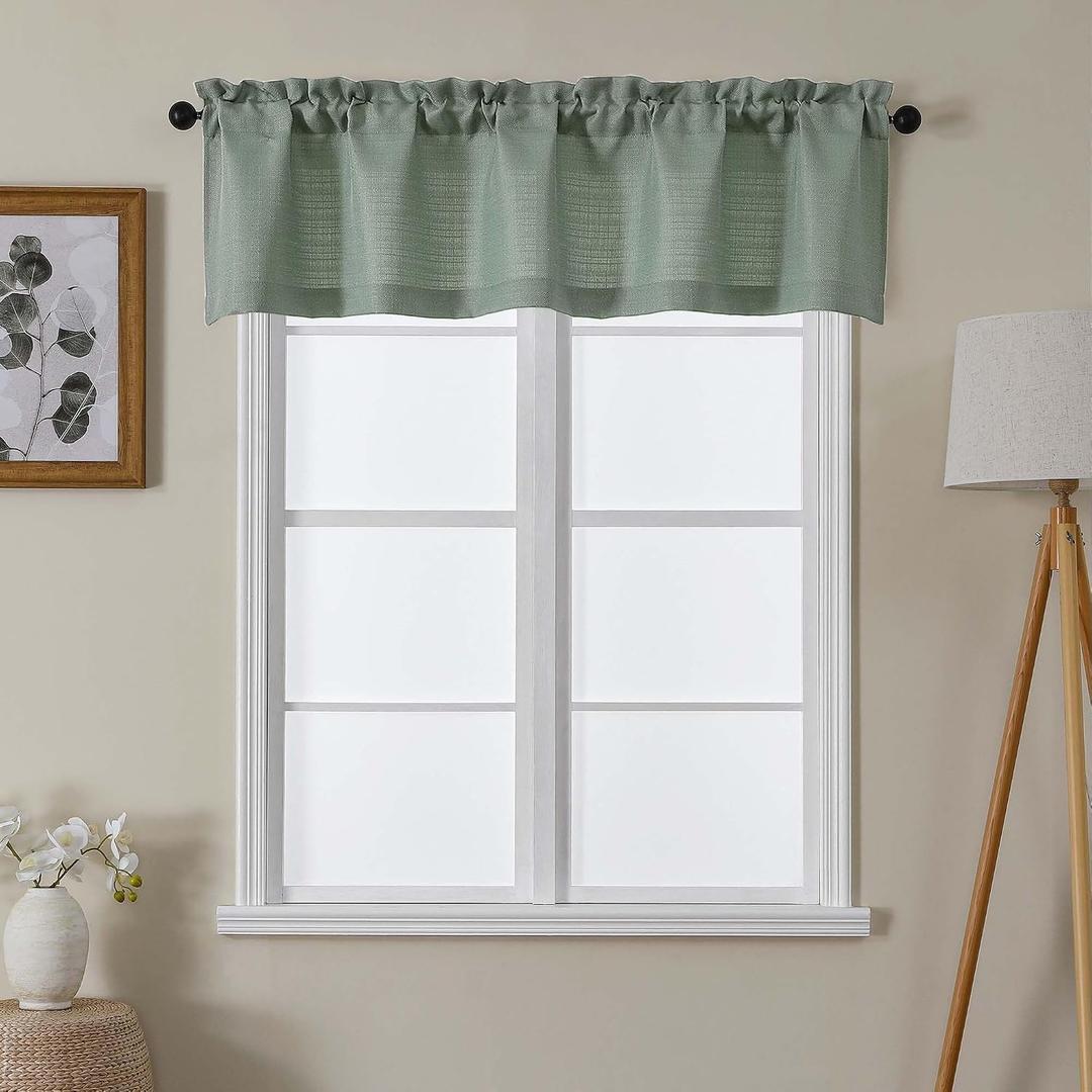 Lecloud 1 Piece Sage Green Valances for Windows, Burlap Textured Window Kitchen Short Curtain for Bedroom Living Room, Classic Solid Rod Pocket Bathroom Cafe Small Curtain, 60" W x 14" L
