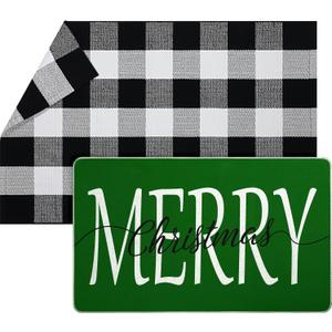 Geelin 2 Pcs Christmas Door Mat Outdoor Merry Christmas Front Door Mats Buffalo Checkered Rug (30'' x 18'' and 43'' x 27.5'') for Home Entrance Indoor Outdoor Decorative Coir Rugs (Green)
