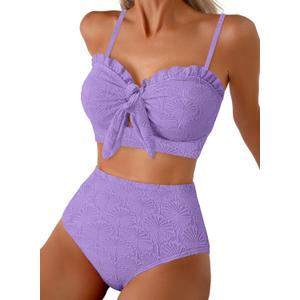 Herseas Women's Seashell Textured Bikini Sets Knotted Front 2 Piece Swimsuits Ruffle Trim Bathing Suits (Large, Purple)
