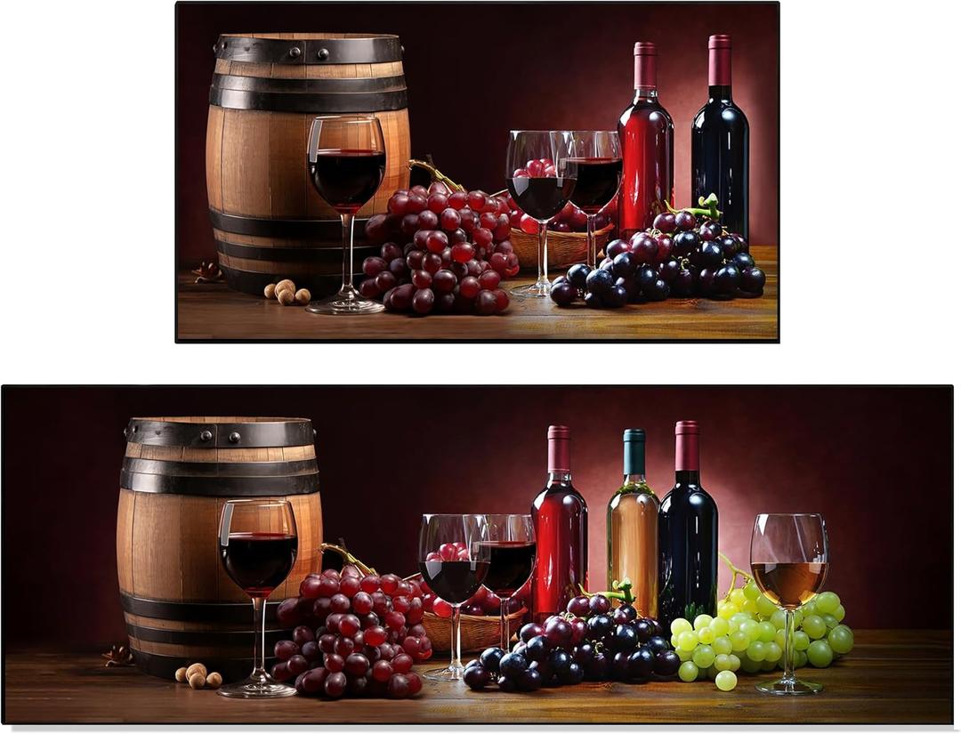 Red Wine Kitchen Rug 2PC Set,Kitchen Mats for Floor Farmhouse Style Decor,Absorbent and Washable Runner Rug, 17x30+17x47 Inches