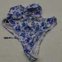 Women's 2 Piece Bikini Sets High Cut Ruffle Trim Triangle Floral Bathing Suit Wireless Tie Back Swimsuit (Large, Blue and White)
