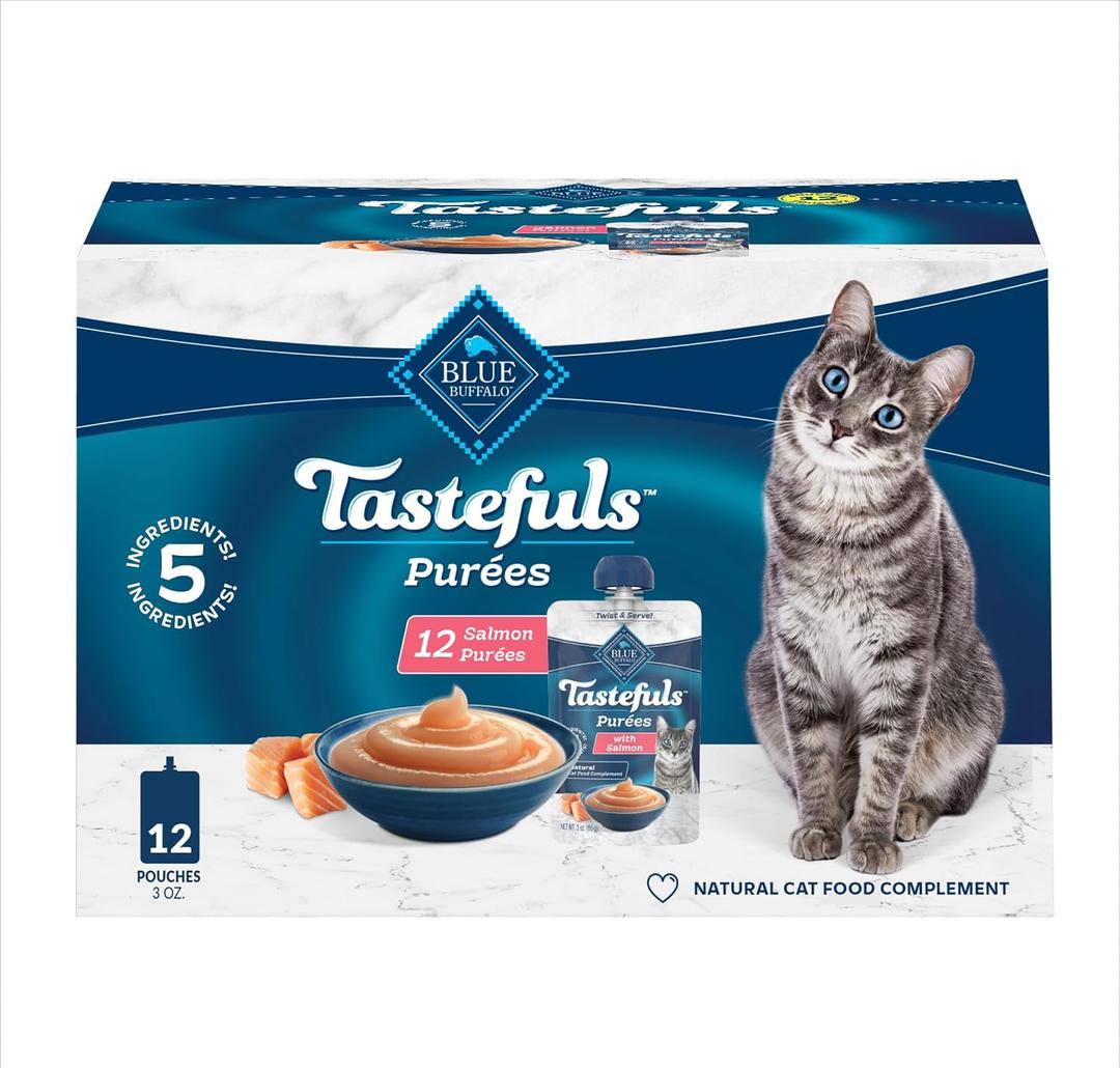 Blue Buffalo Tastefuls Purees Salmon Cat Food Topper, 3 oz, 12 ct | Resealable Twist Cap, Serve Over Food or as a Snack, Cat Food Complement (EXP 10/10/27)
