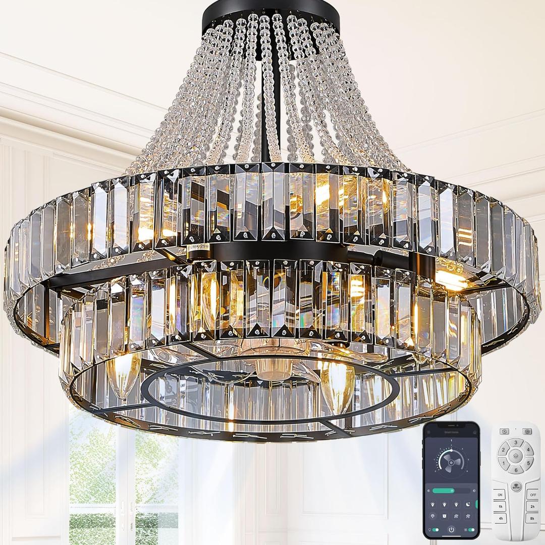 20" Double Layer Crystal Caged Ceiling Fan Light Modern Smart Fandelier for Dining Living Room Bedroom FCC Remote/APP Control Italian Design (Crystal, 20IN)