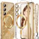 Magnetic for Samsung Galaxy S22 5G Case + 2X Screen Protectors,Luxury Plated Gold Edge [Glitter Card&Wrist Strap] Slim Soft Crystal Clear TPU Shockproof Case Cover for S22 5G-Gold