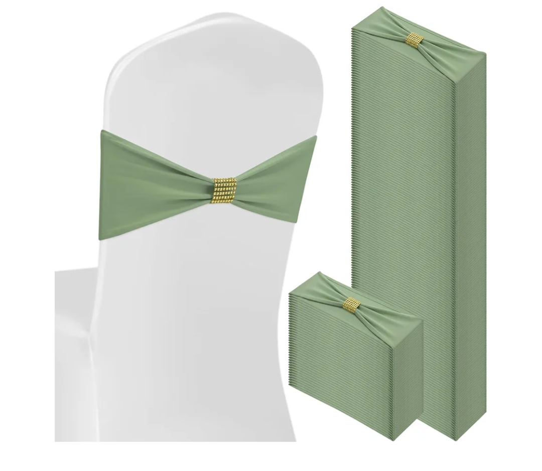 100 Pcs Spandex Chair Sashes Bows with Rhinestone Ring Buckle Slider Elastic Universal Bowknot Chair Cover Bands Ties for Wedding Banquet Ceremony Event Party Decoration (Sage Green)