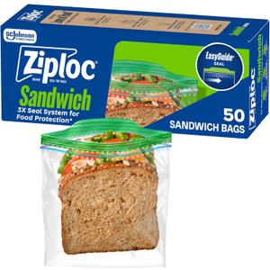 Ziploc Sandwich and Snack Bags with EasyGuide Texture, Plastic Storage Bags with Grip 'n Seal Technology, 50 Bags Total