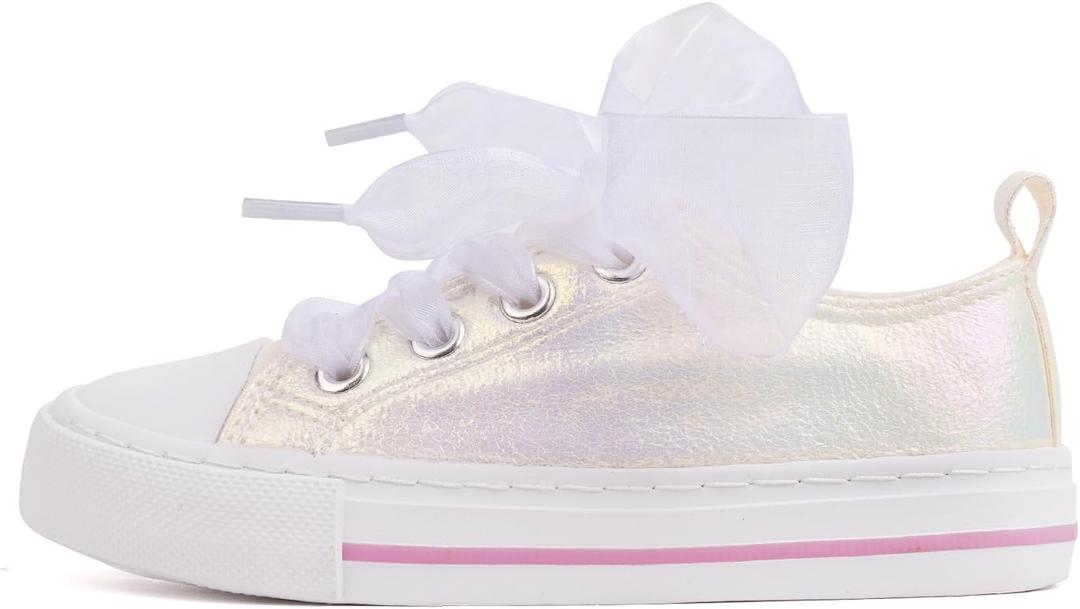 HugRain Toddler Girls Sneakers Walking Shoes Little Kids Bowknot Pearl Ribbon Lace Up Adorable Sparkle Glimmer Glitter Lightweight Low Top Non-Slip Outdoor White Size 12