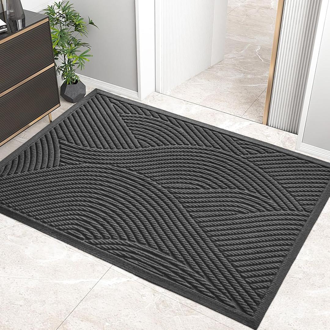 Sturdy Front Door Mat, Absorbent Muddy Dirt Resist Welcome Door Mats Outdoor Indoor, Stain and Fade Resistant, Non-Slip Backing Entry Mat Low Profile Doormat for Entryway, 6036, Grey (3' x 5' (Rectangular))