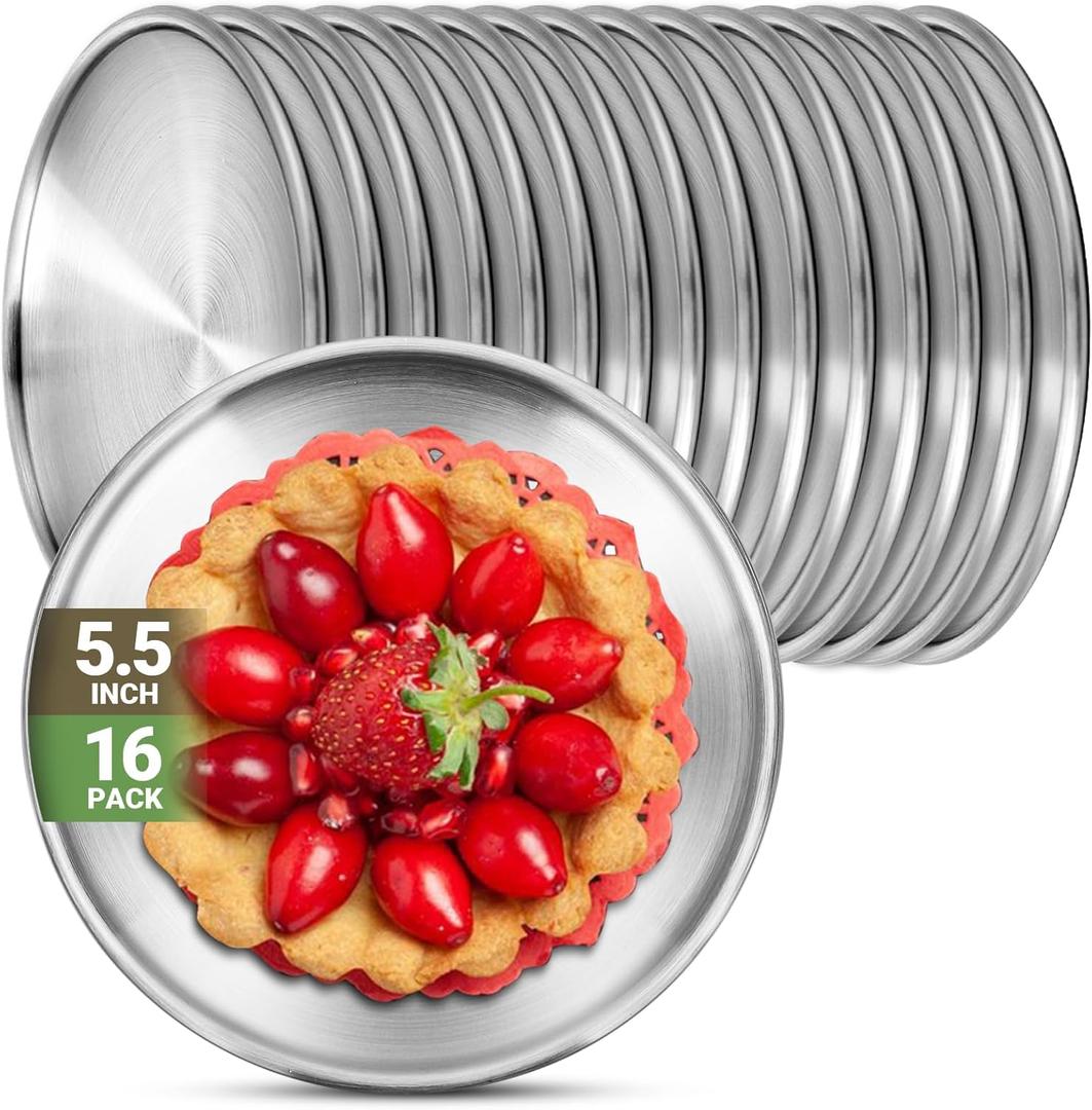 Stainless Steel Plates, 16 Pack 5.5 inch 304(18/8) Metal Food Serving Plate Set, Reusable Snack Eating Dishes Round Shatterproof Plate Silver Dinnerware for BBQ Dinner Oven Dishwasher Safe