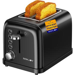 RAMJOY Black Toaster 2 Slice, Extra Wide Slot Toaster for Bagels, Bread, Waffles, 7 Shade Settings, 4 Main Functions, Removable Crumb Tray, 900 Watts Toasters, Black Stainless Steel