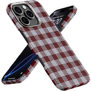 BENKS ArmorVichy Case for iPhone 16 Pro, MagSafe Compatible Slim Protective Case Built with Dupont Kevlar Fiber, Anti-Fingerprint UV Finish, Vichy Check Design, Red