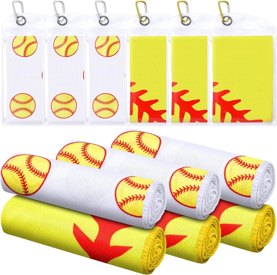 Mindsoft 6 Set Softball Cooling Towels for Sports Team Gifts with Carrying Pouch 40 x 12 Inch Softball Towels Bulk Microfiber Ice Cooling Rags for Birthday Party Favors Swag Bag Stuffers
